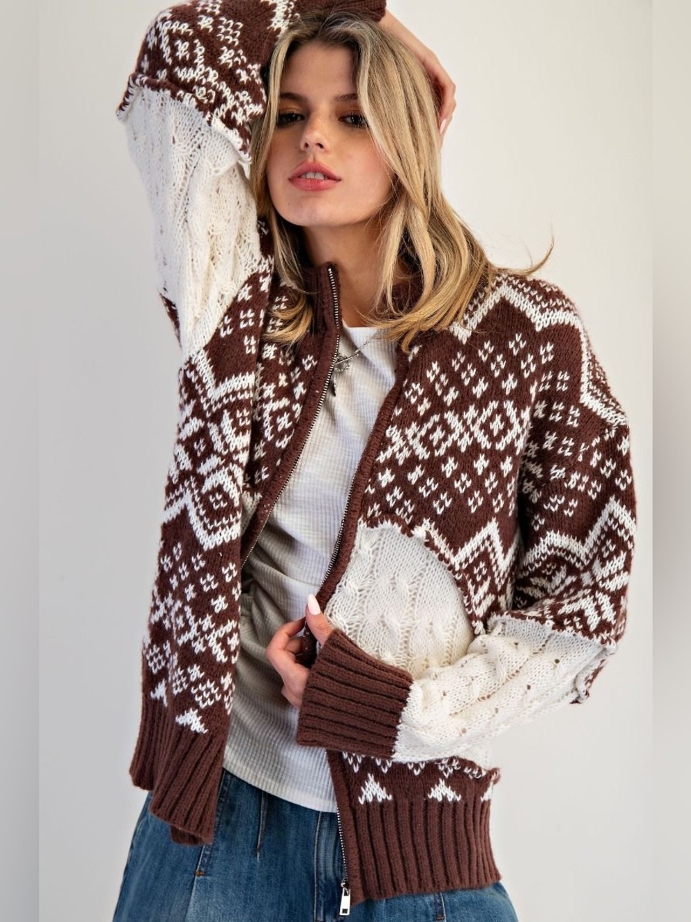 Easel Brown Vintage Norwegian Pattern Sweater Zip Up Cardigan